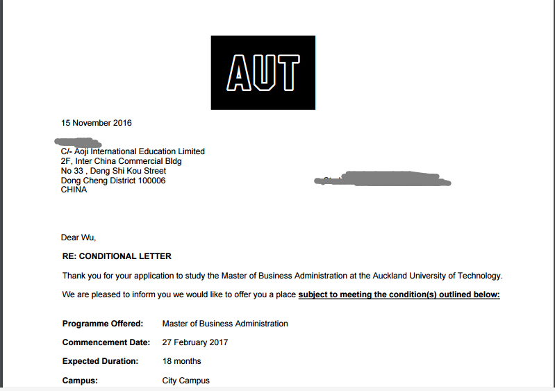 非全日制本科成功申请到奥克兰理工大学MBA